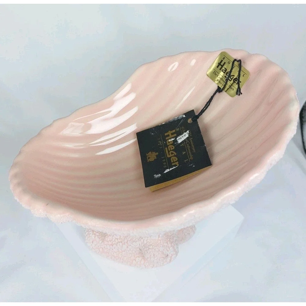 Vintage 1994 Royal Haeger Nautilus Pedestal Clam‎ Shell Pink Lava Glaze Dish New